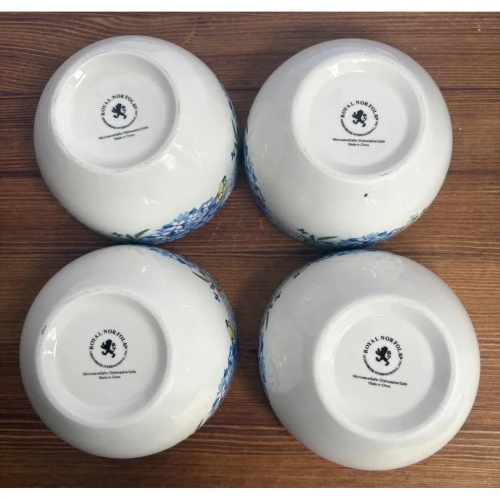 Royal Norfolk Blue Hydrangea Butterfly Floral Bowls Set of 4 Ceramic 5.5
